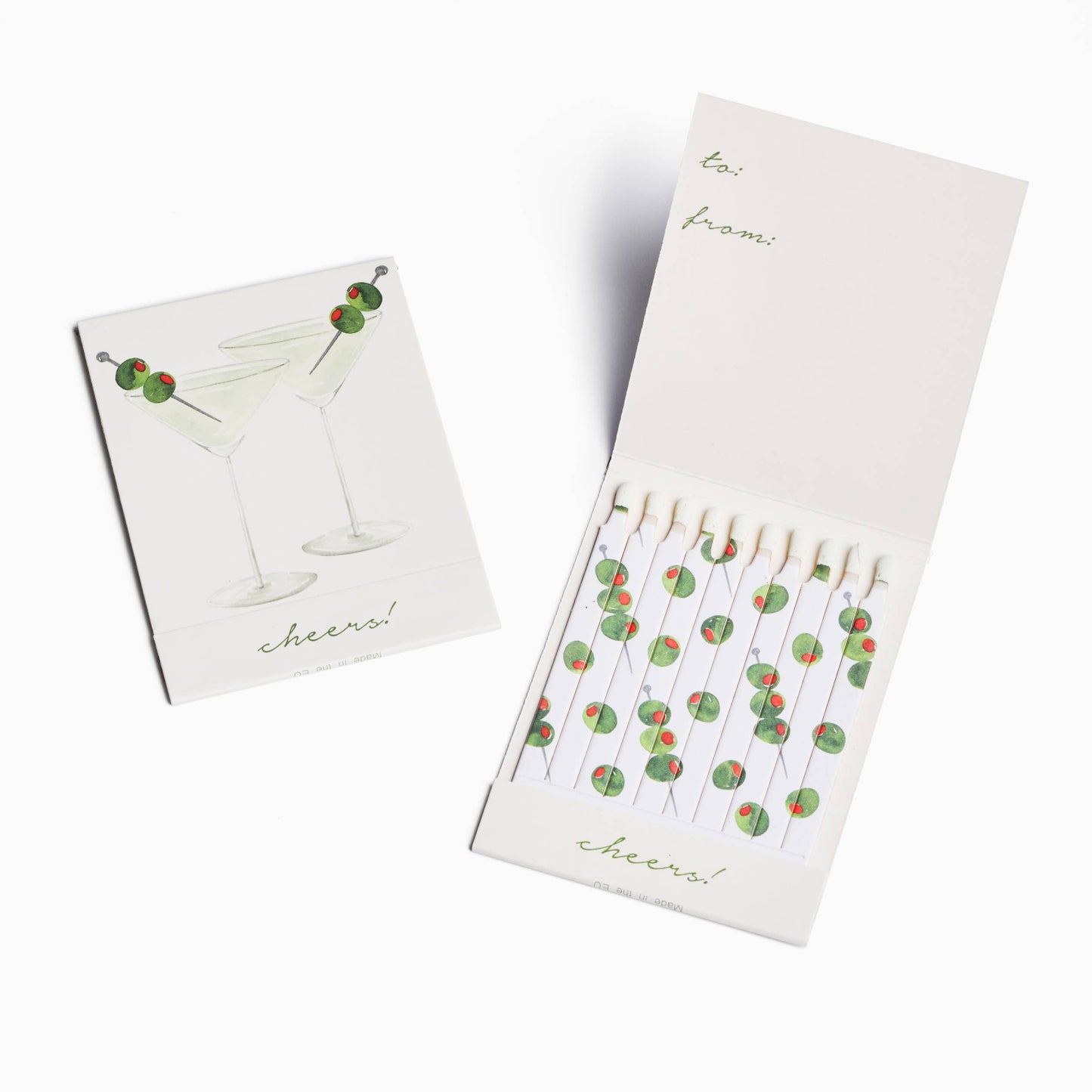 Martini match card set with illustrated cocktail glasses and green cherry accents