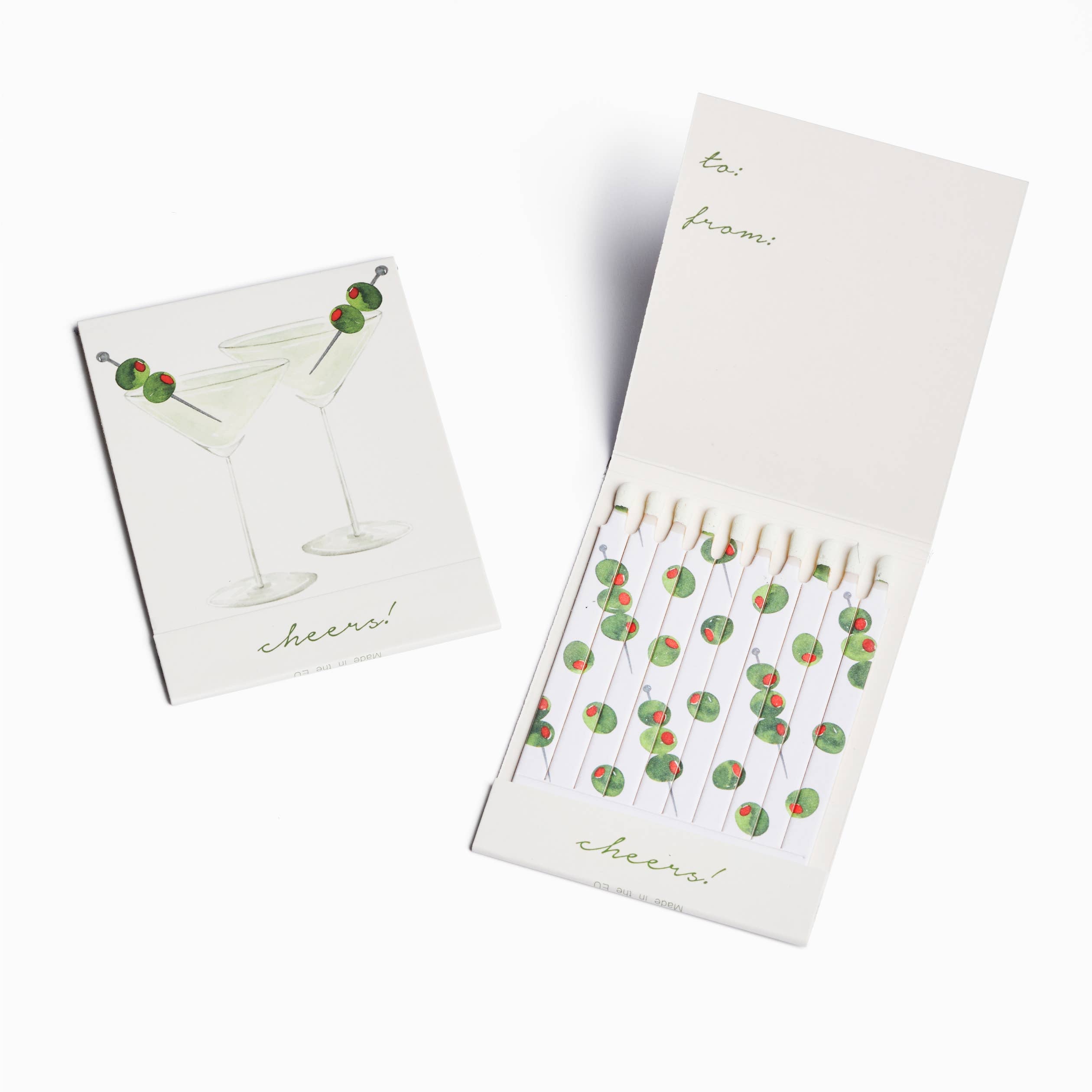 Martini match card set with illustrated cocktail glasses and green cherry accents