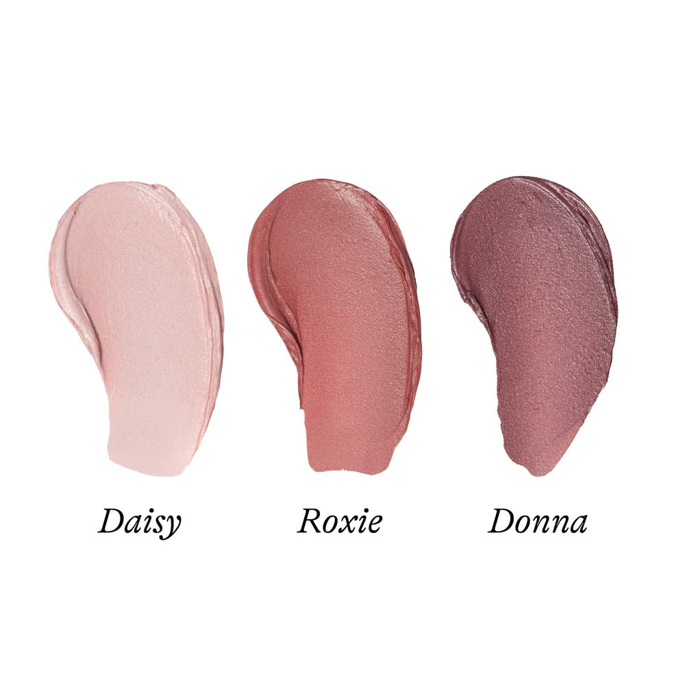 Lip tint swatches: Daisy, Roxie, and Donna—light pink, rose, and deep plum