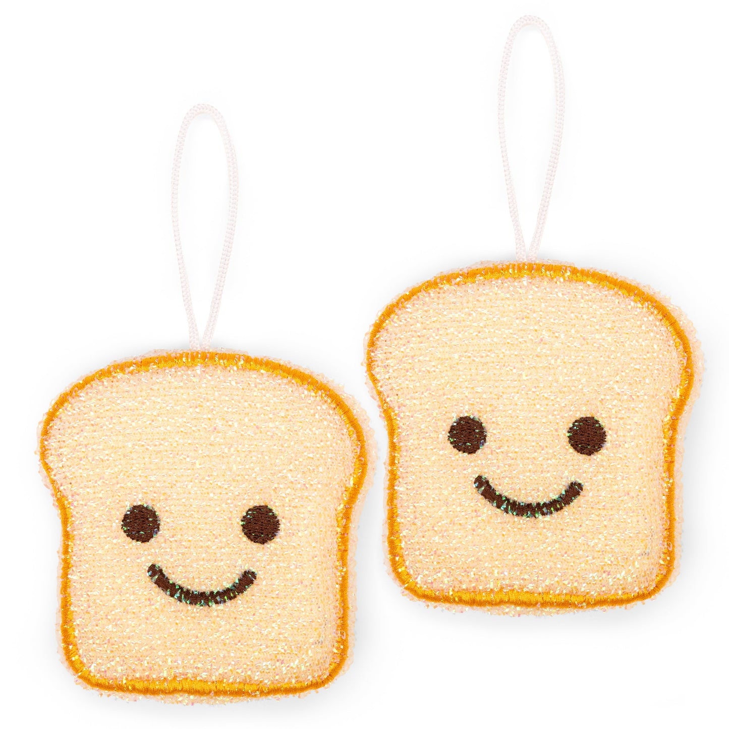 Toast-shaped scrub sponge set, two orange sponges with smile faces and hanging loops