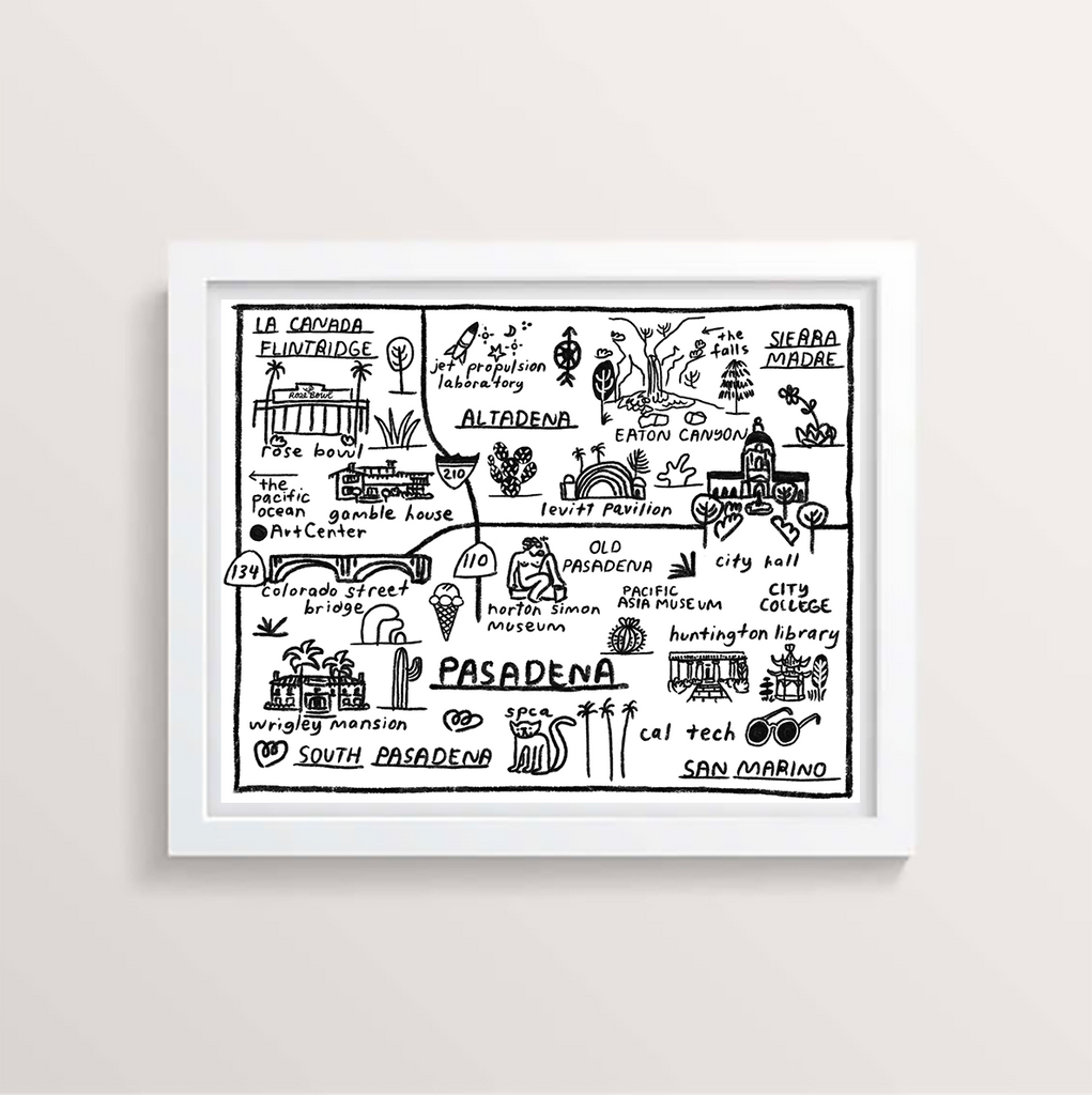 Framed Pasadena map-themed print with black line drawings on white mat