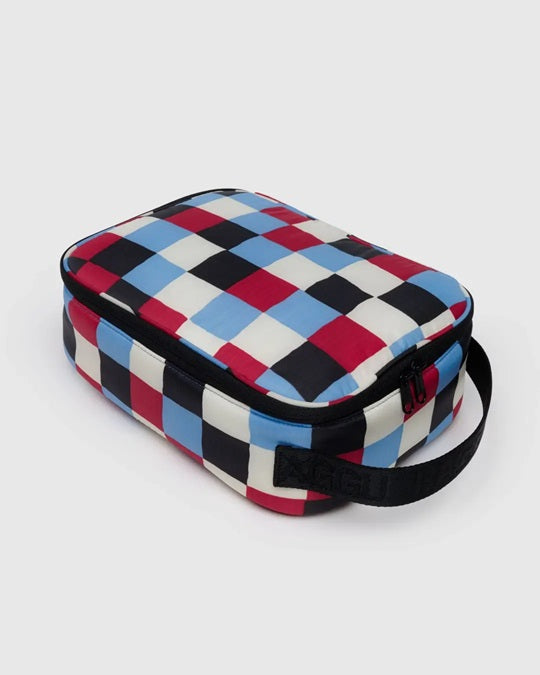 Red, white, and blue checkered lunch bag with zipper and carry strap.