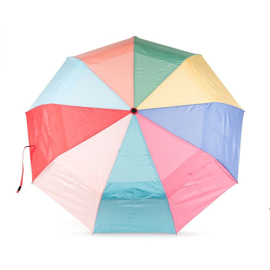 Bright rainbow recycled nylon umbrella with multi-color panels and center hub