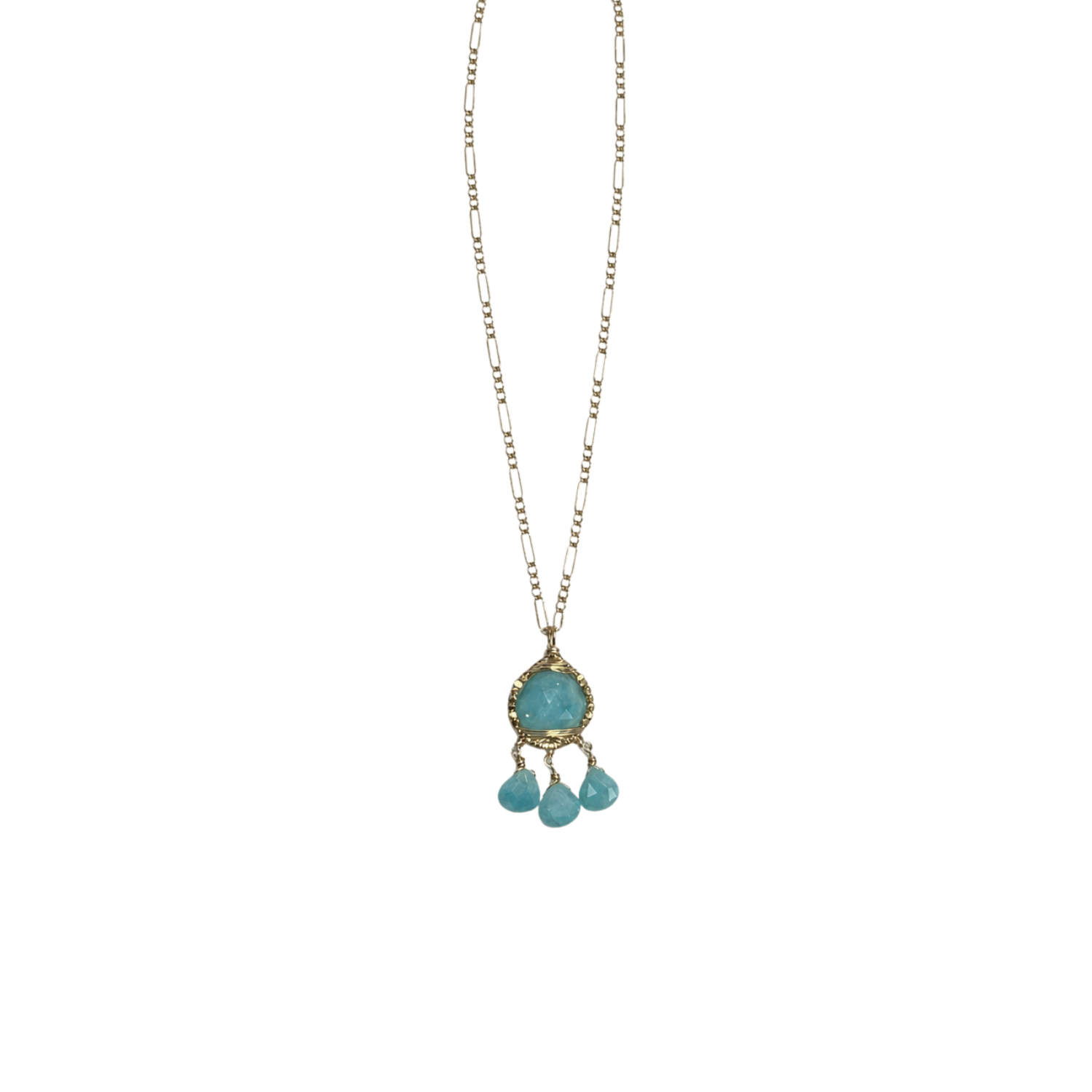 Gold-tone necklace with turquoise oval dangle pendant and three small teardrop accents