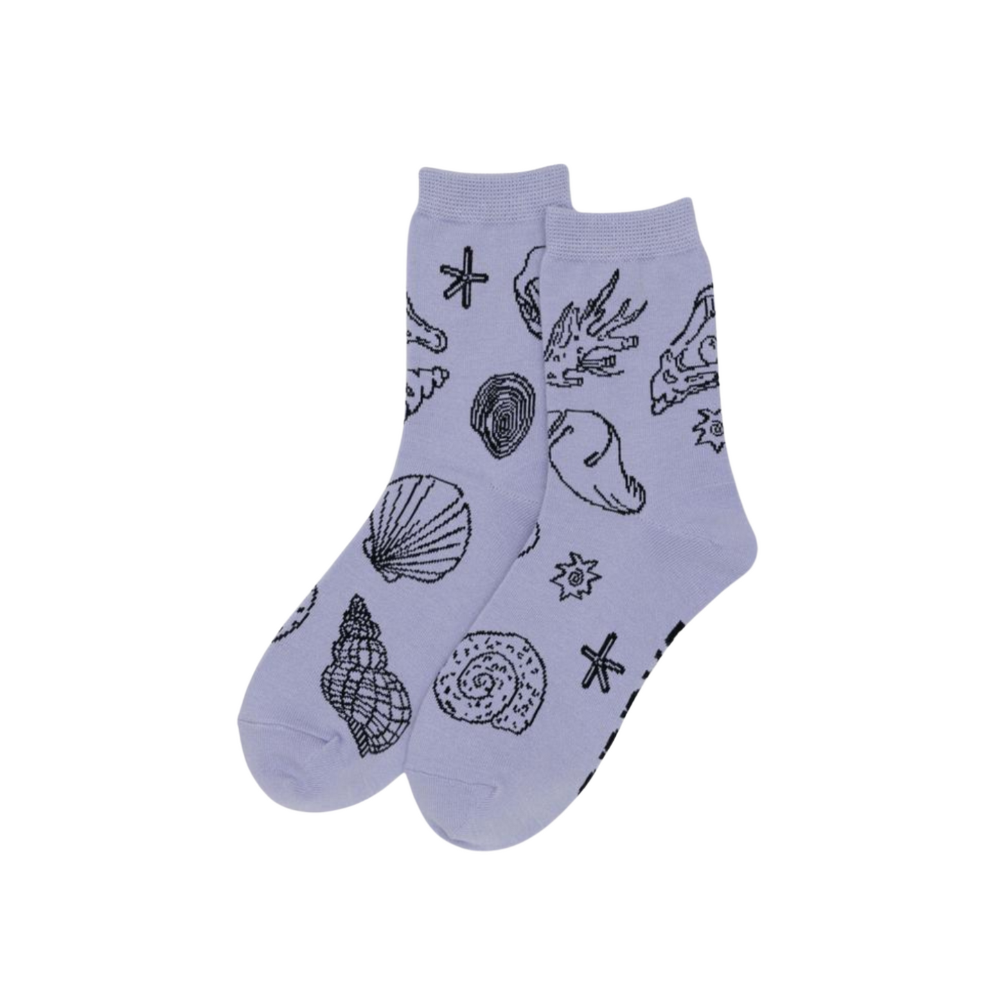 Crew socks in light purple with seashell and starfish pattern