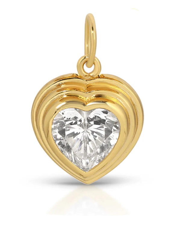 Gold-tone heart charm pendant with clear simulated diamond center, loop bail