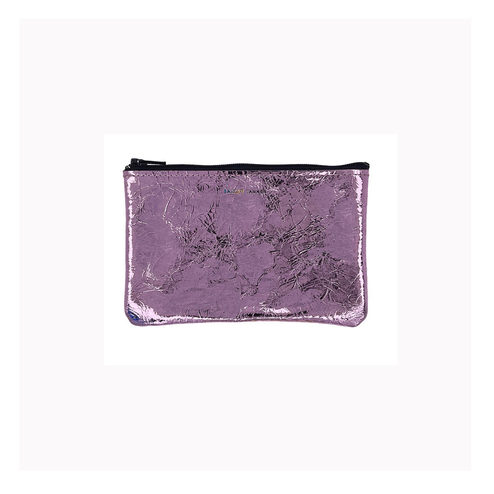 Small metallic foil zip pouch, purple with zip closure, rectangular