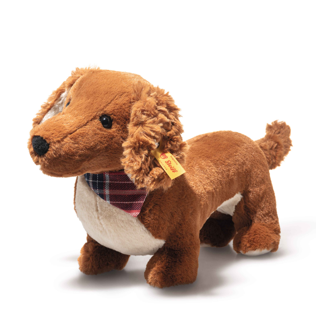 Waldi plush dachshund dog with plaid bandana and small neck tag