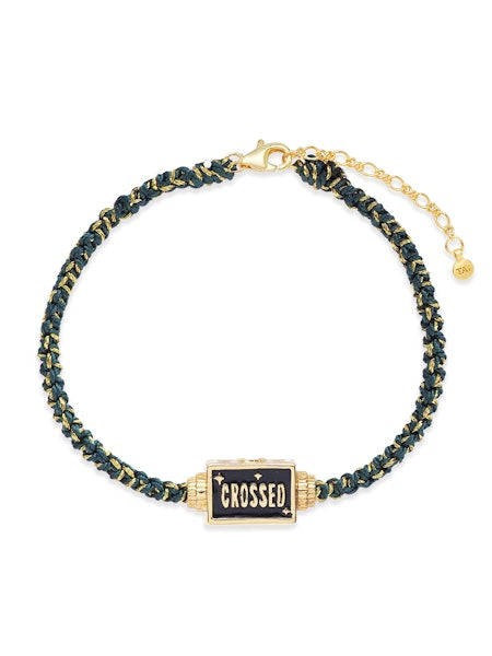 Dark green braided cord spinner bracelet with gold clasp and square CROSSED charm