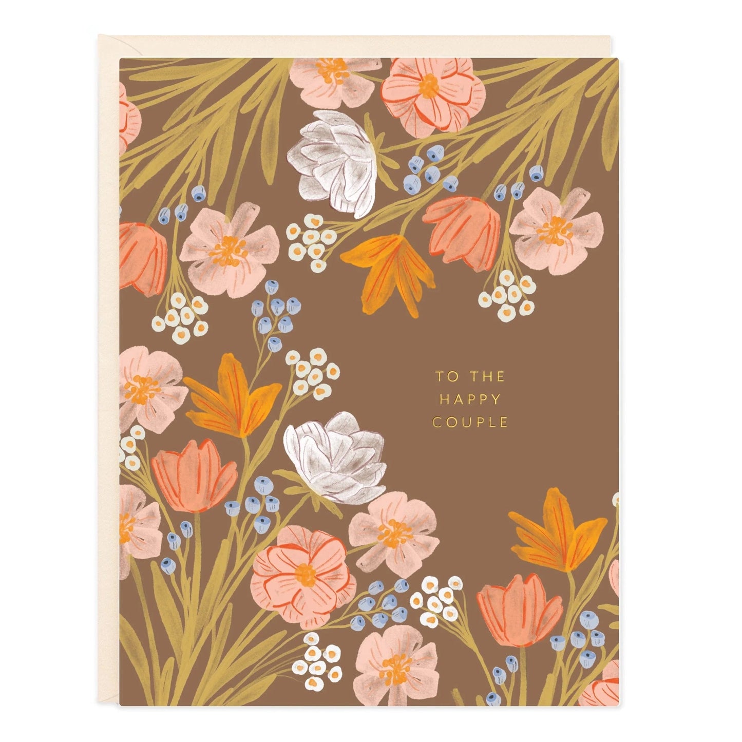 Floral greeting card with orange and pink flowers on dark brown background