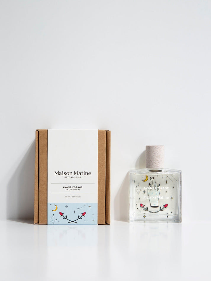 Avant l'Orage eau de parfum gift box and bottle, clear glass with illustrated label