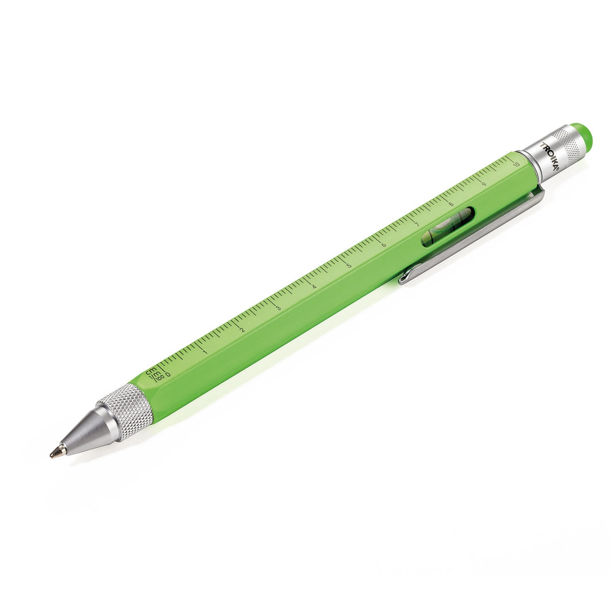 Green ballpoint measuring pen with ruler markings and built-in bubble level window