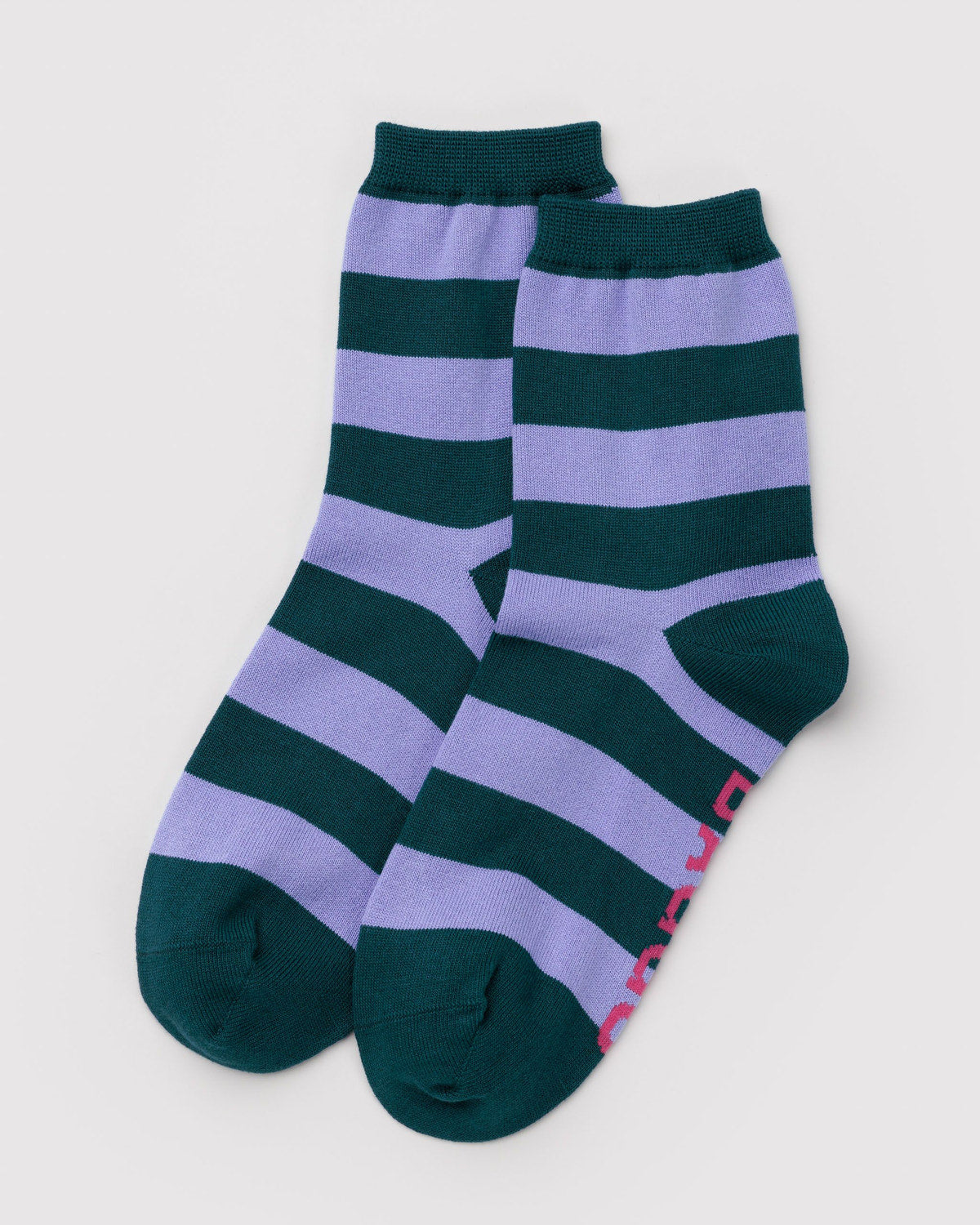 Crew-length socks with lavender and dark green horizontal stripe pattern, two-pack.