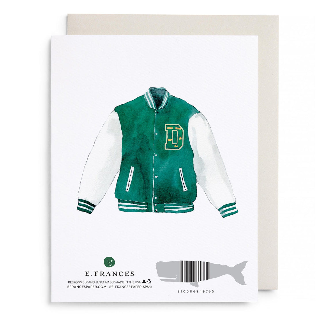 Father's Day greeting card with green varsity jacket graphic, 'D' emblem, front view.