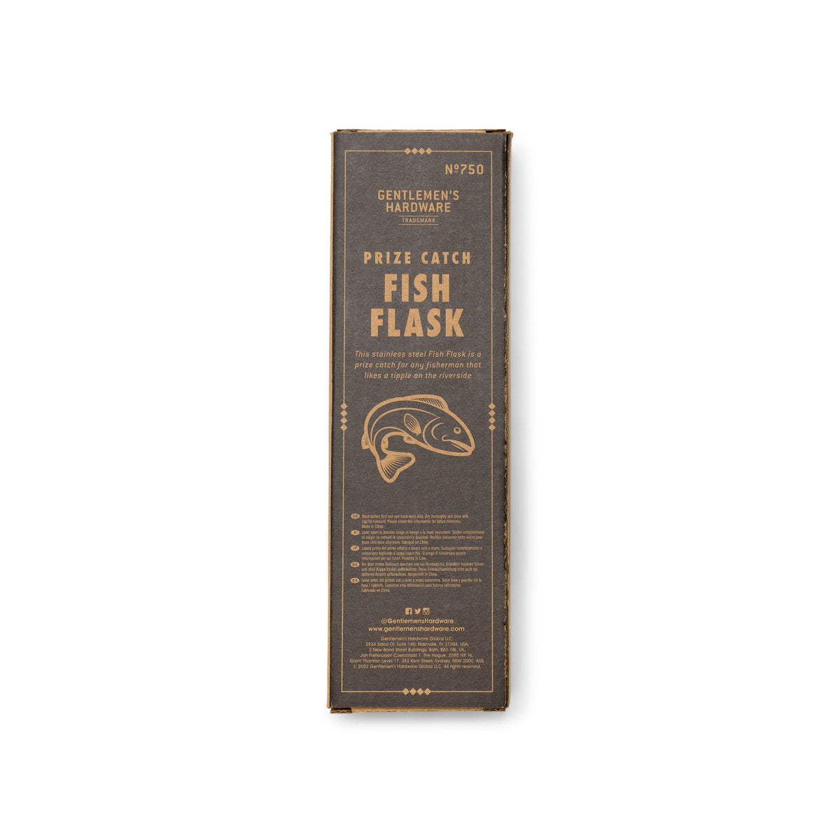 Fish hip flask gift box, brown with fish graphic and product details on back