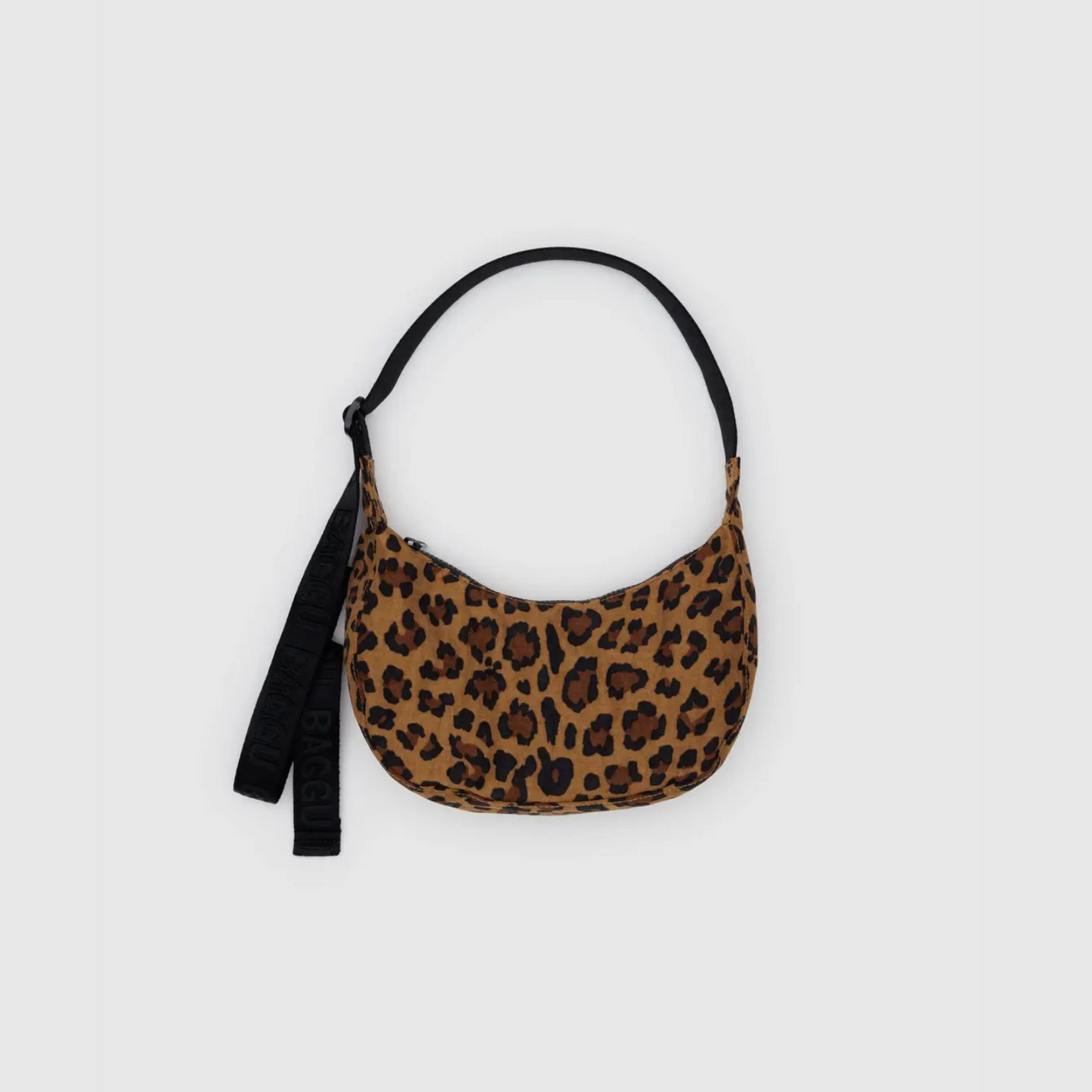 Small nylon crescent bag with leopard print fabric and black adjustable strap