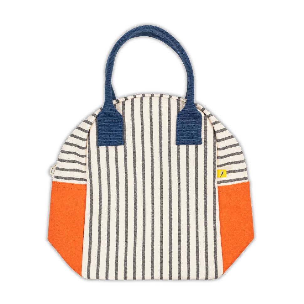 Striped zipper lunch bag with blue handles and orange side pockets, front view