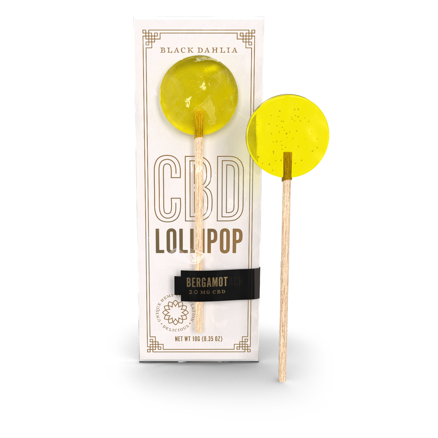 CBD bergamot lollipops, two yellow round candy suckers on wooden sticks, 20 mg CBD each