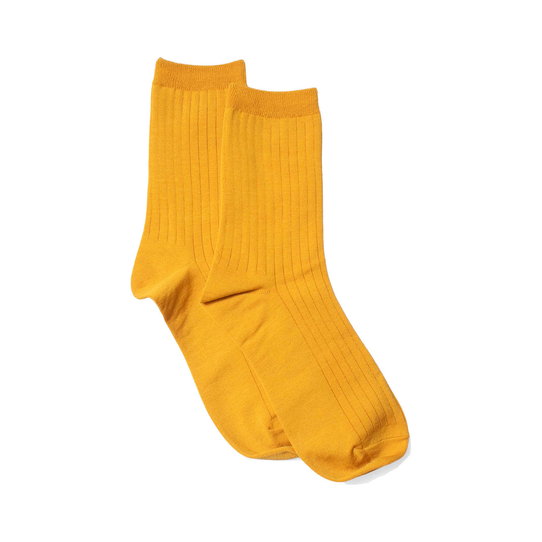 Ribbed crew socks in mustard yellow, ankle length, elastic knit cuff