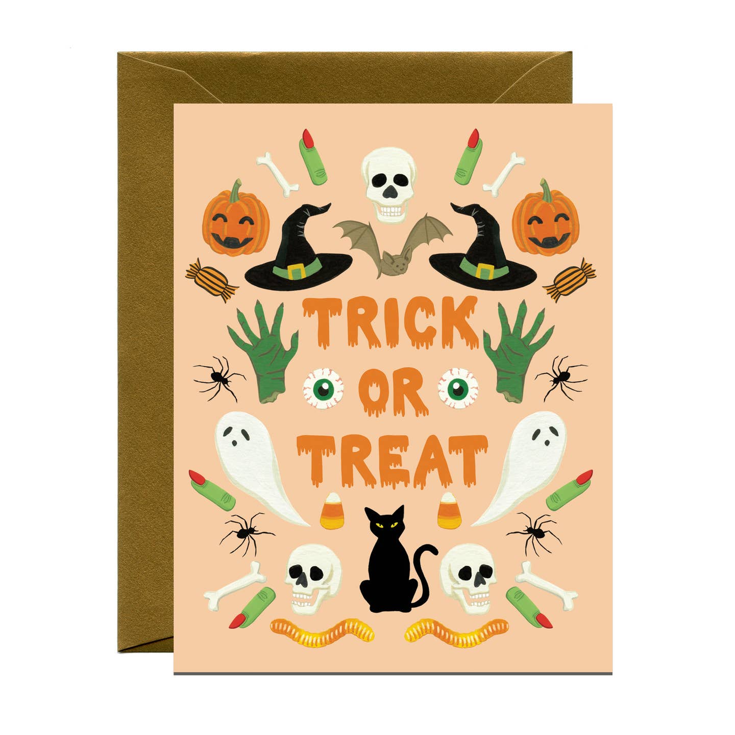 Halloween greeting card with 'Trick or Treat' text, skulls, witch hats, pumpkins, bones