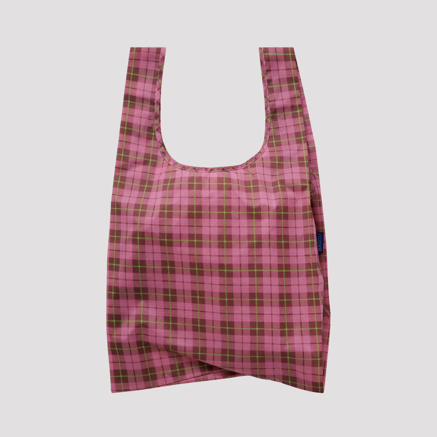 Reusable tote bag in pink plaid with a wide scoop opening
