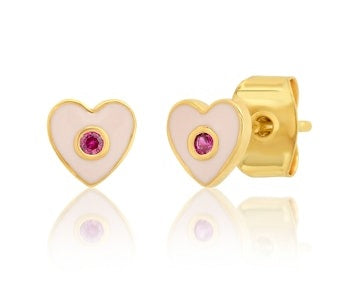 Pink enamel heart stud earrings with purple CZ accent, gold-tone backs