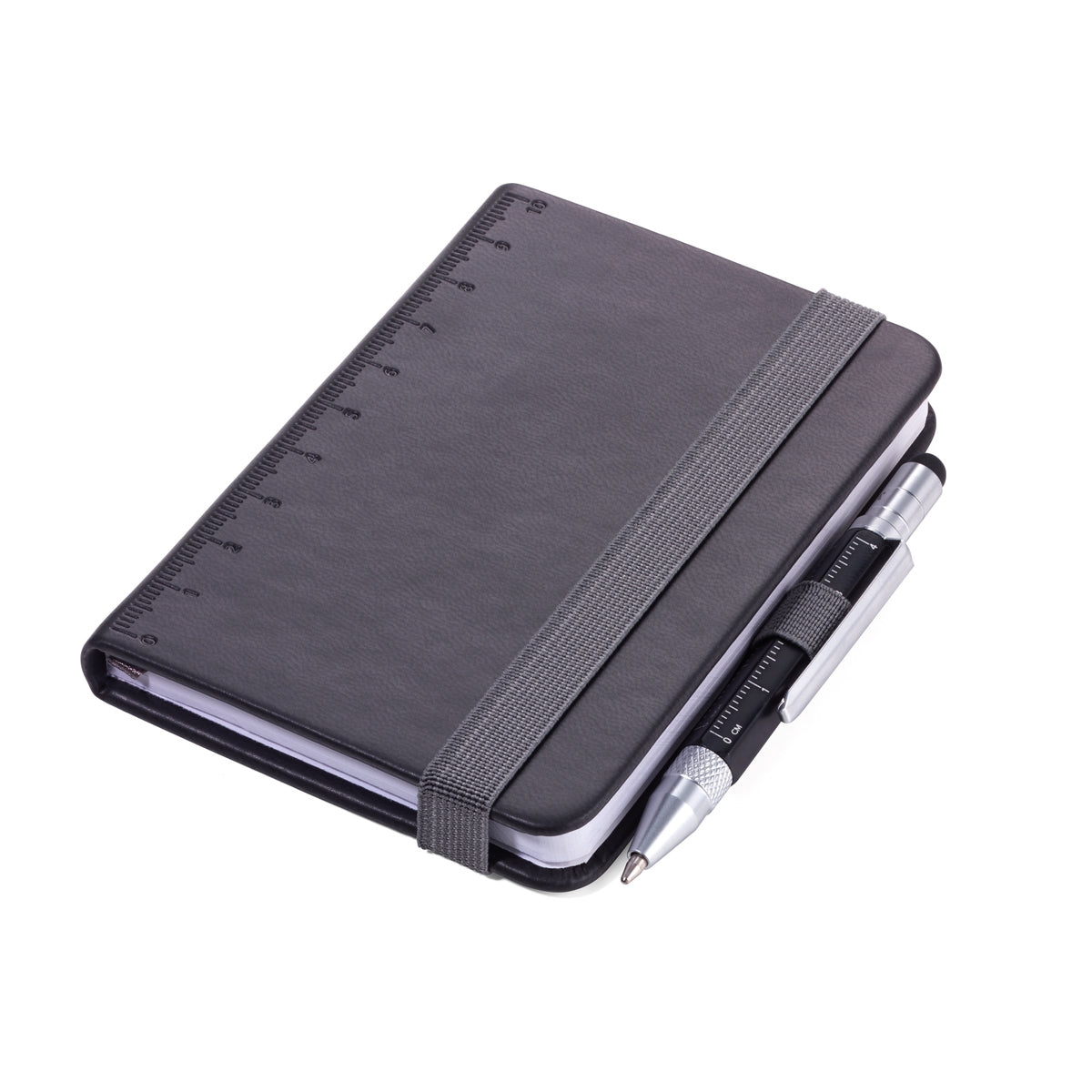 Charcoal mini notebook with pen, elastic strap, ruler markings on cover