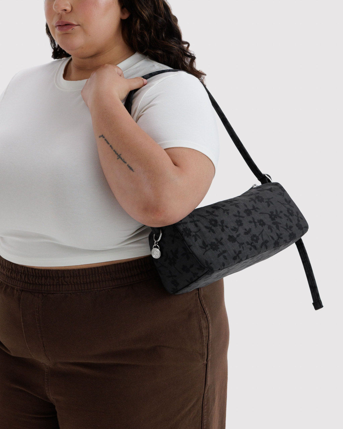 Charcoal dark-pattern nylon loaf bag with zip-top and adjustable shoulder strap