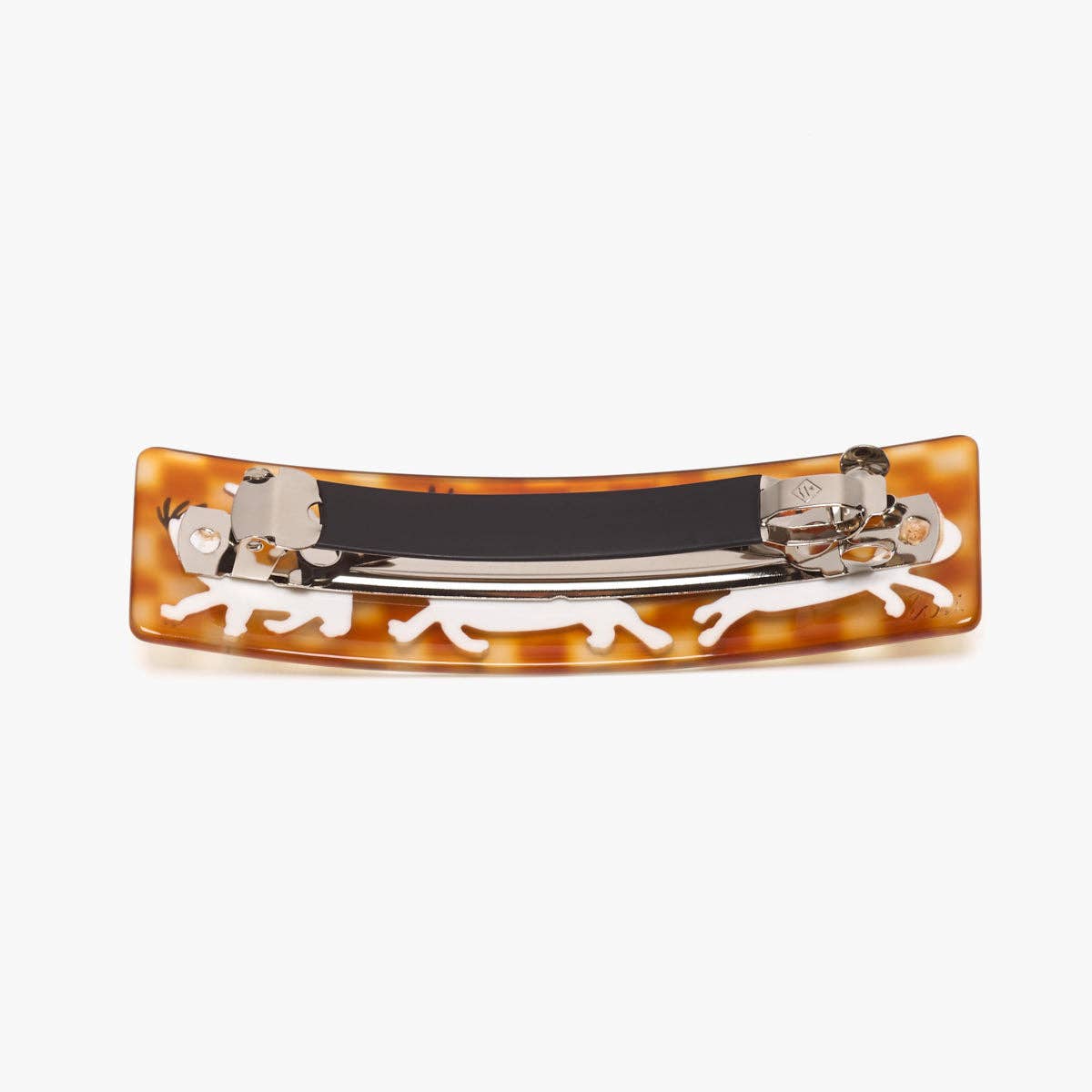 Amber translucent French barrette with metal snap clip and mouse graphics on top