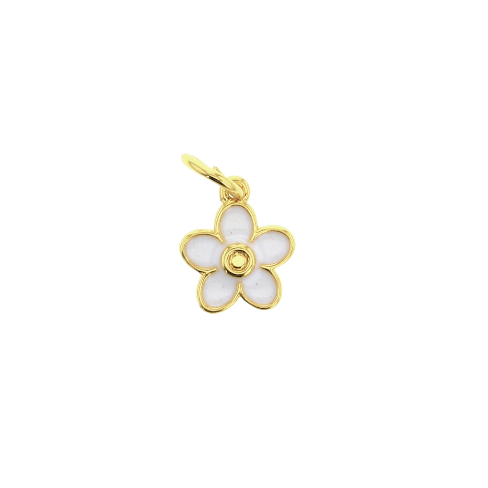 Gold flower charm pendant featuring white enamel petals, circular center, and hanging loop.