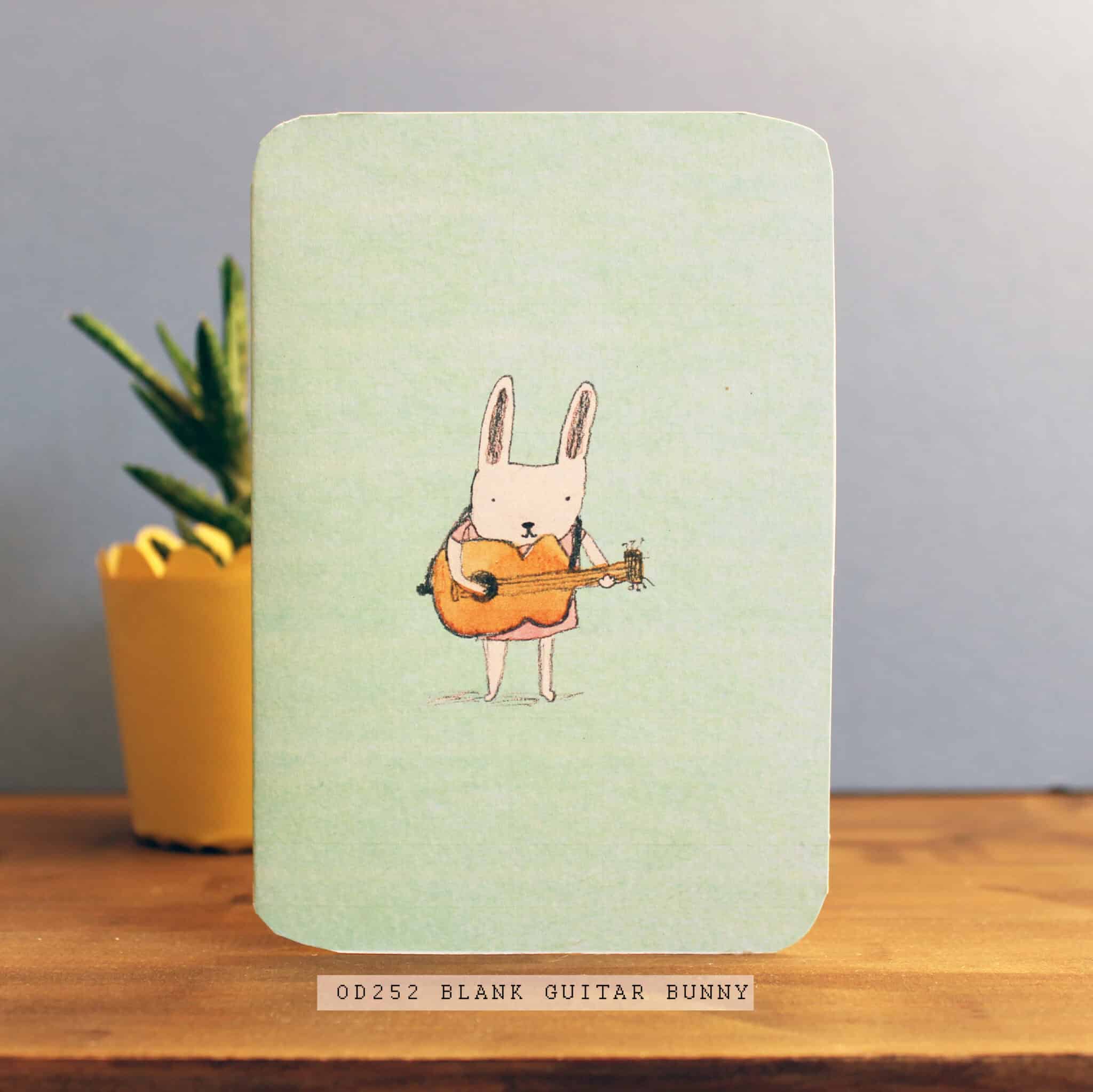 Blank guitar bunny card with rabbit holding a guitar illustration, rectangular