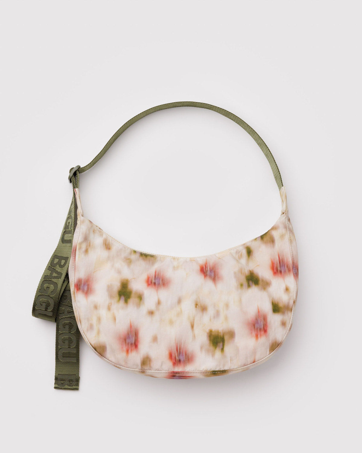Medium crescent nylon bag, floral tie-dye fabric with olive-green strap