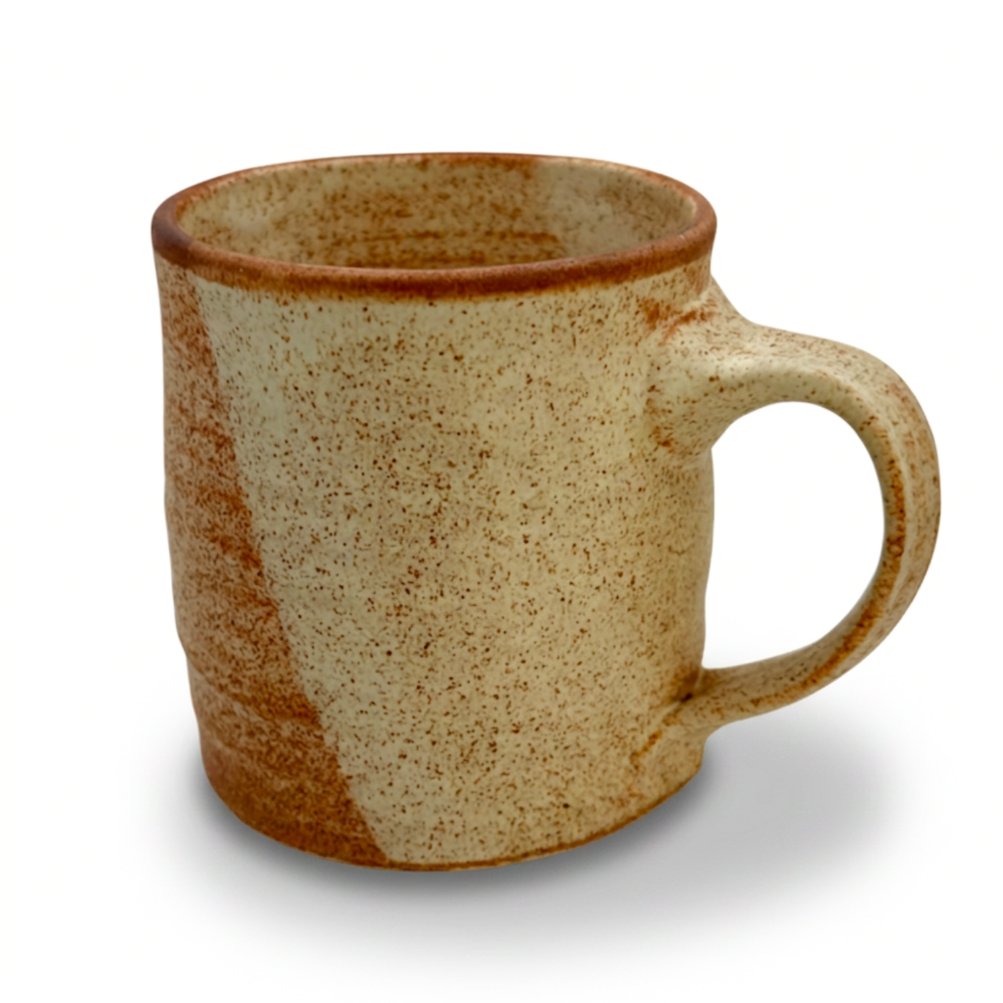 Two-tone amber speckled ceramic mug with side handle, full body view