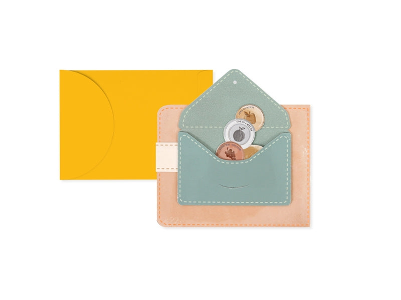 Wallet pop-up greeting card with light teal envelope-style front and yellow backing