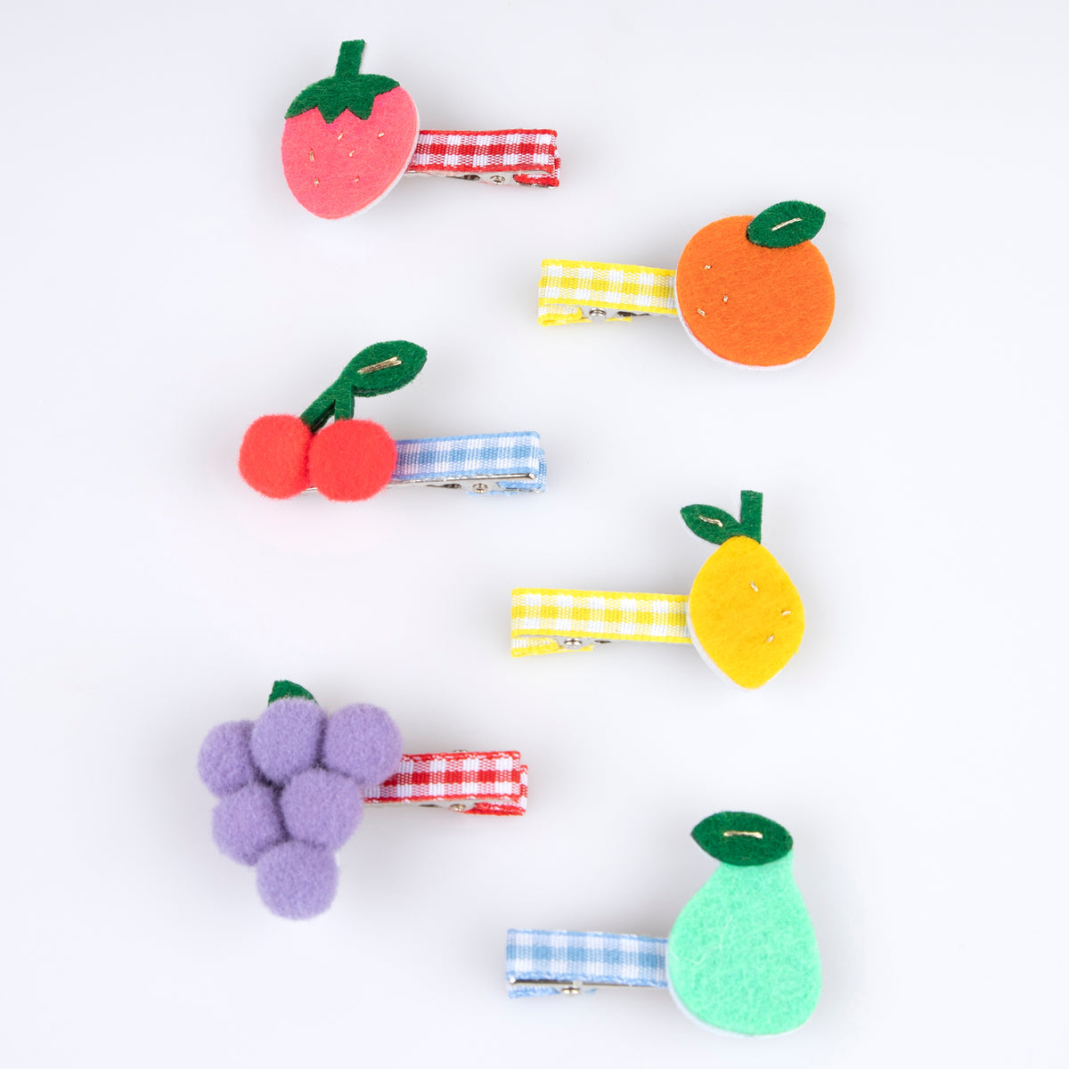 Fruit hair clip set with felt pieces: strawberry, orange, lemon, cherry, pear