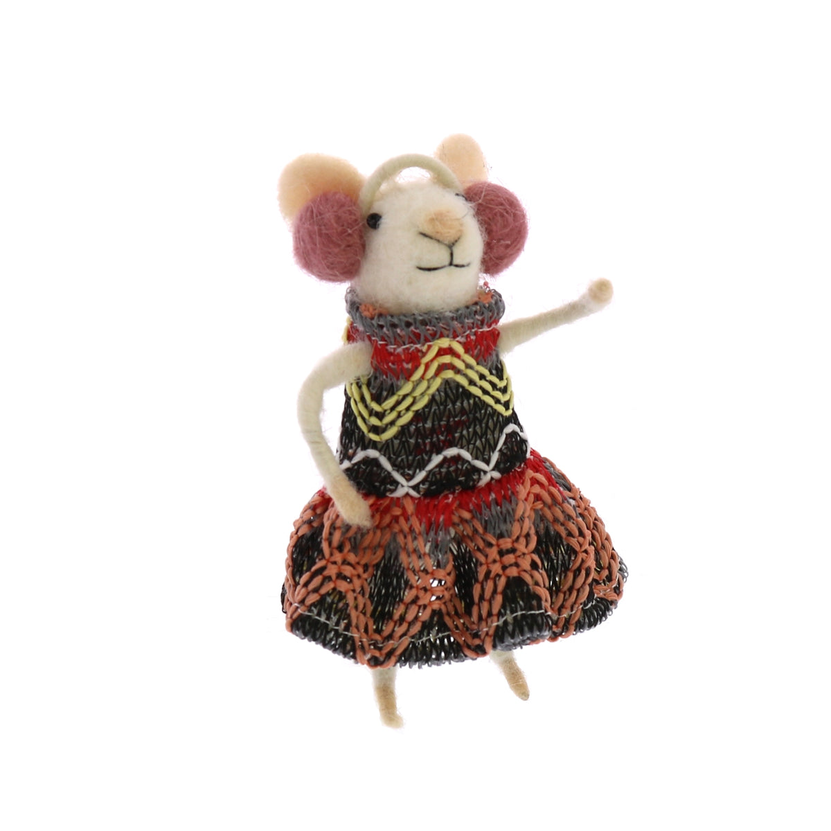 Felt mouse doll with pink ears and multicolor knitted winter dress, standing with arms out.