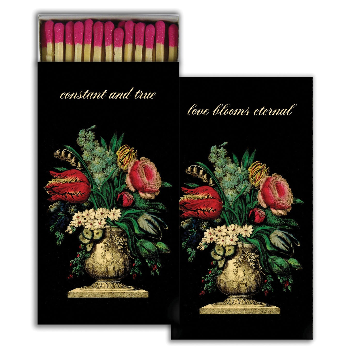 Set of black matchbooks with colorful floral vase artwork and gold script text