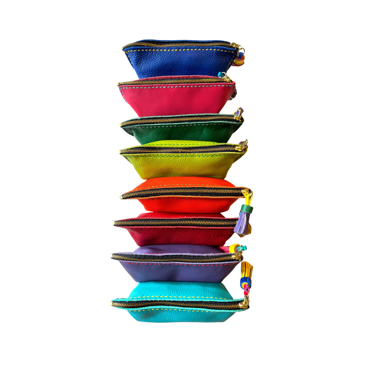 Stack of zippered Nora pen/glasses pouches in blue, red, green, and turquoise