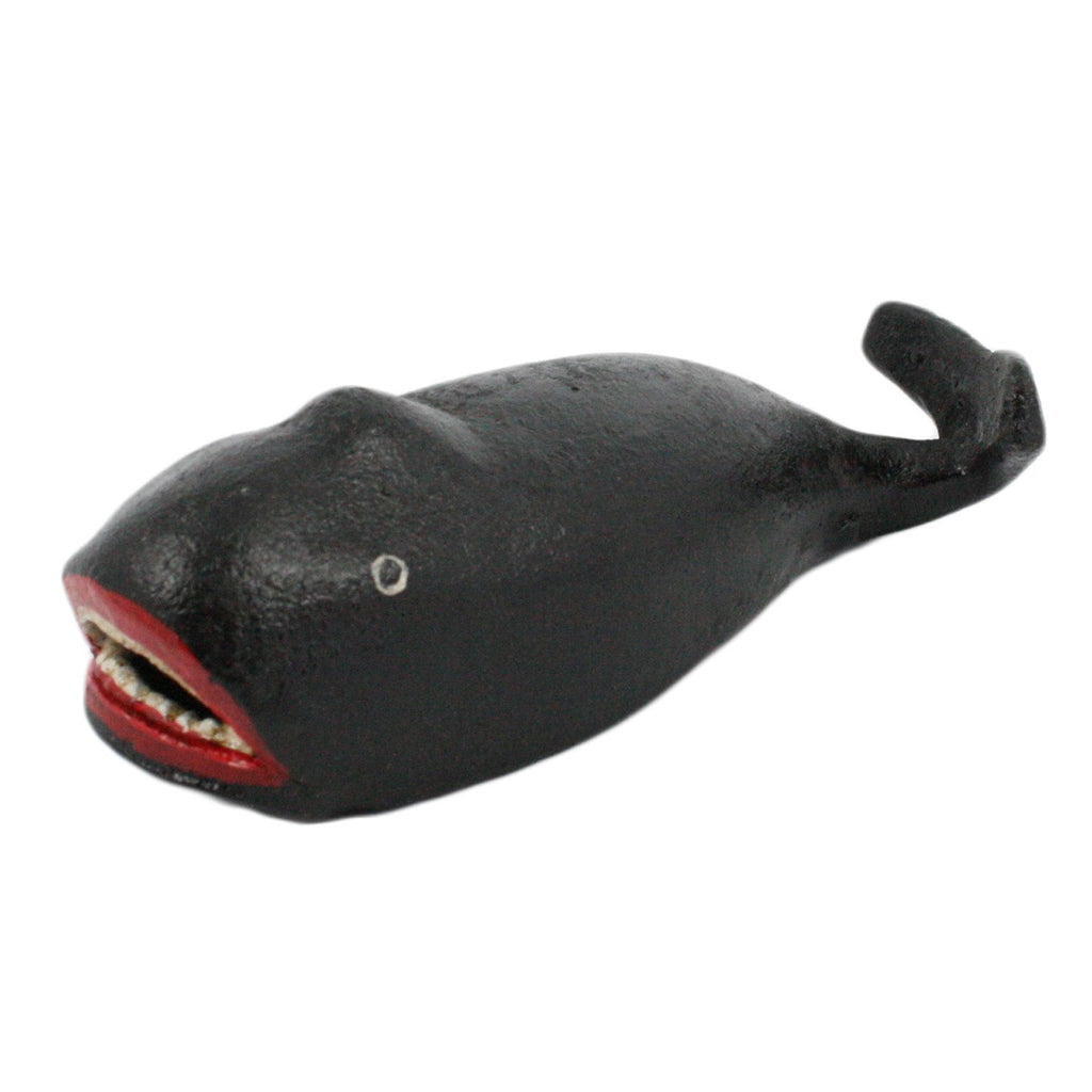 Black whale bottle opener with small round eye and red open jaw
