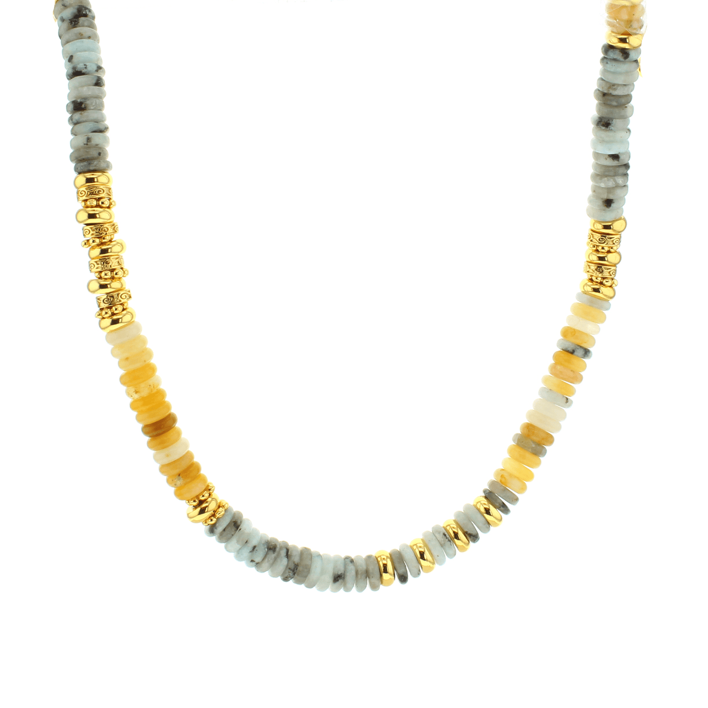 Gold-tone beaded necklace with light blue/gray heishi and round gold spacers