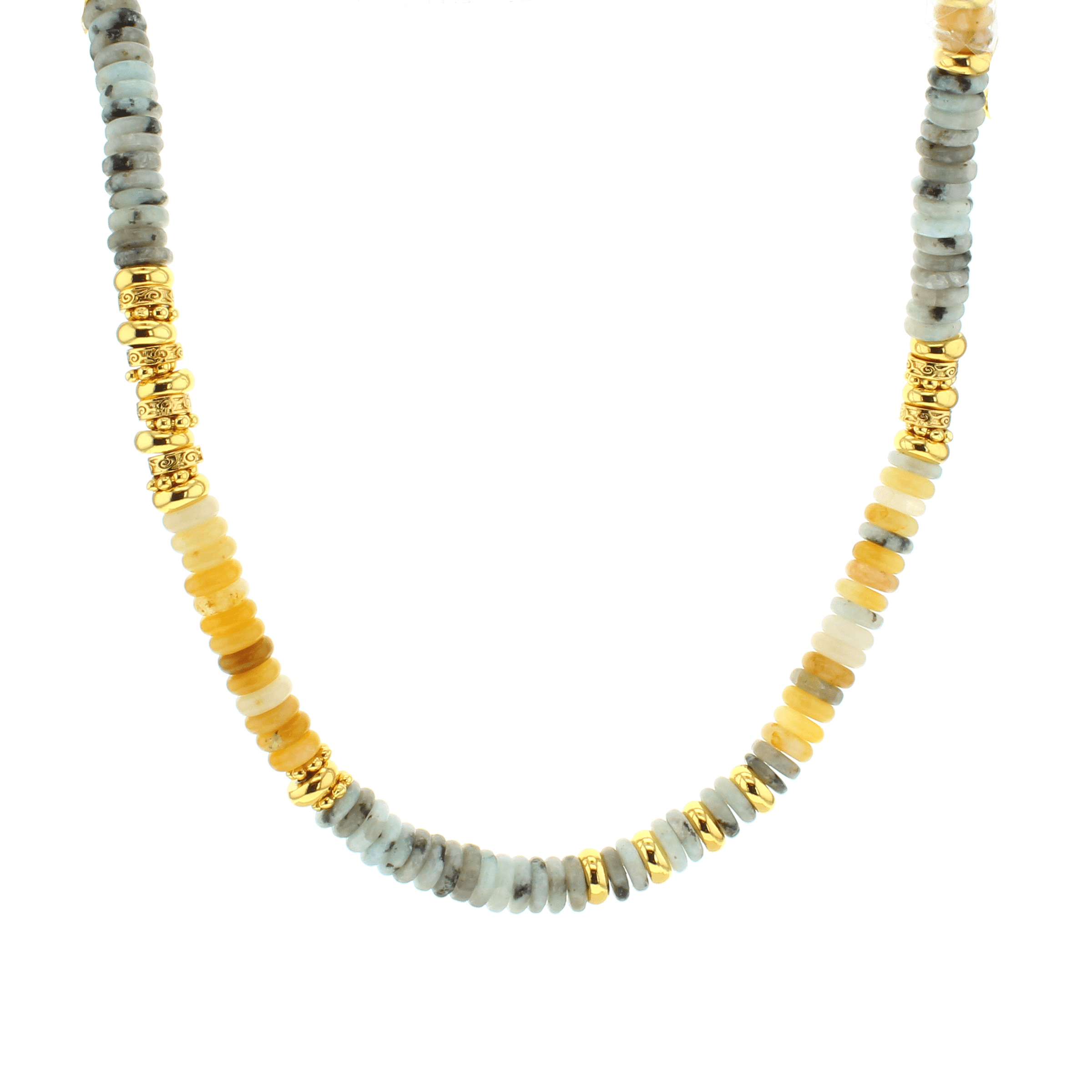 Gold-tone beaded necklace with light blue/gray heishi and round gold spacers