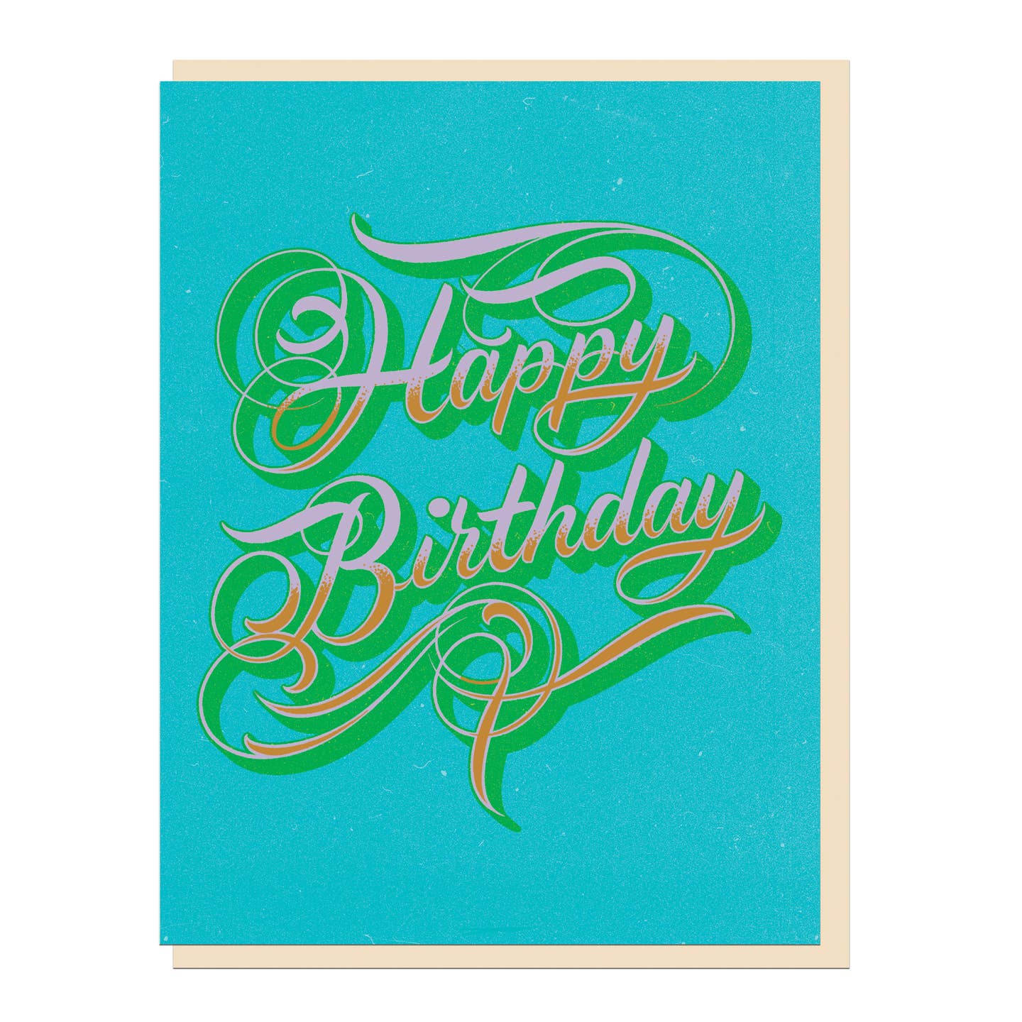 Happy Birthday greeting card with teal cover and green script lettering