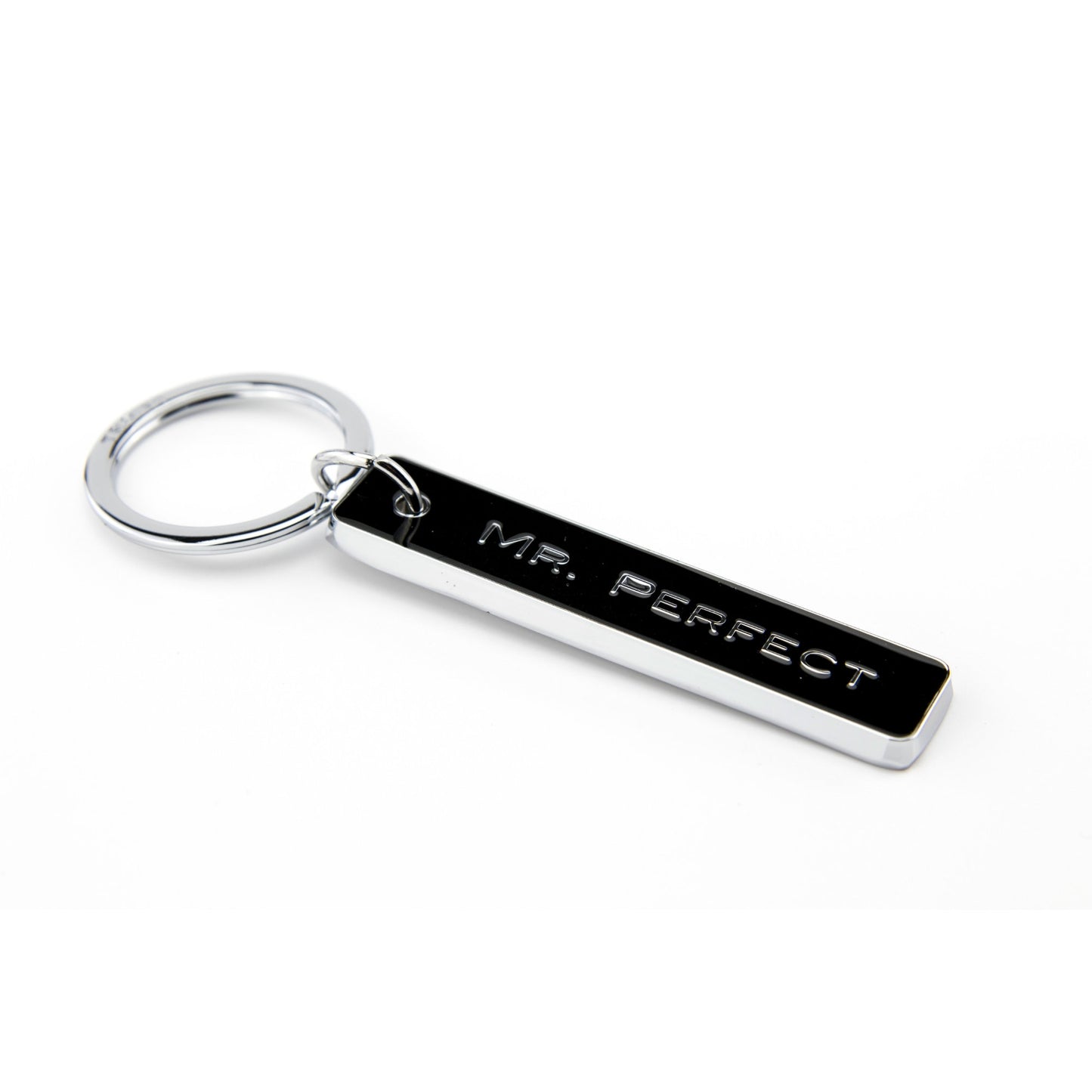 Mr. Perfect black enamel bar keychain with chrome split ring