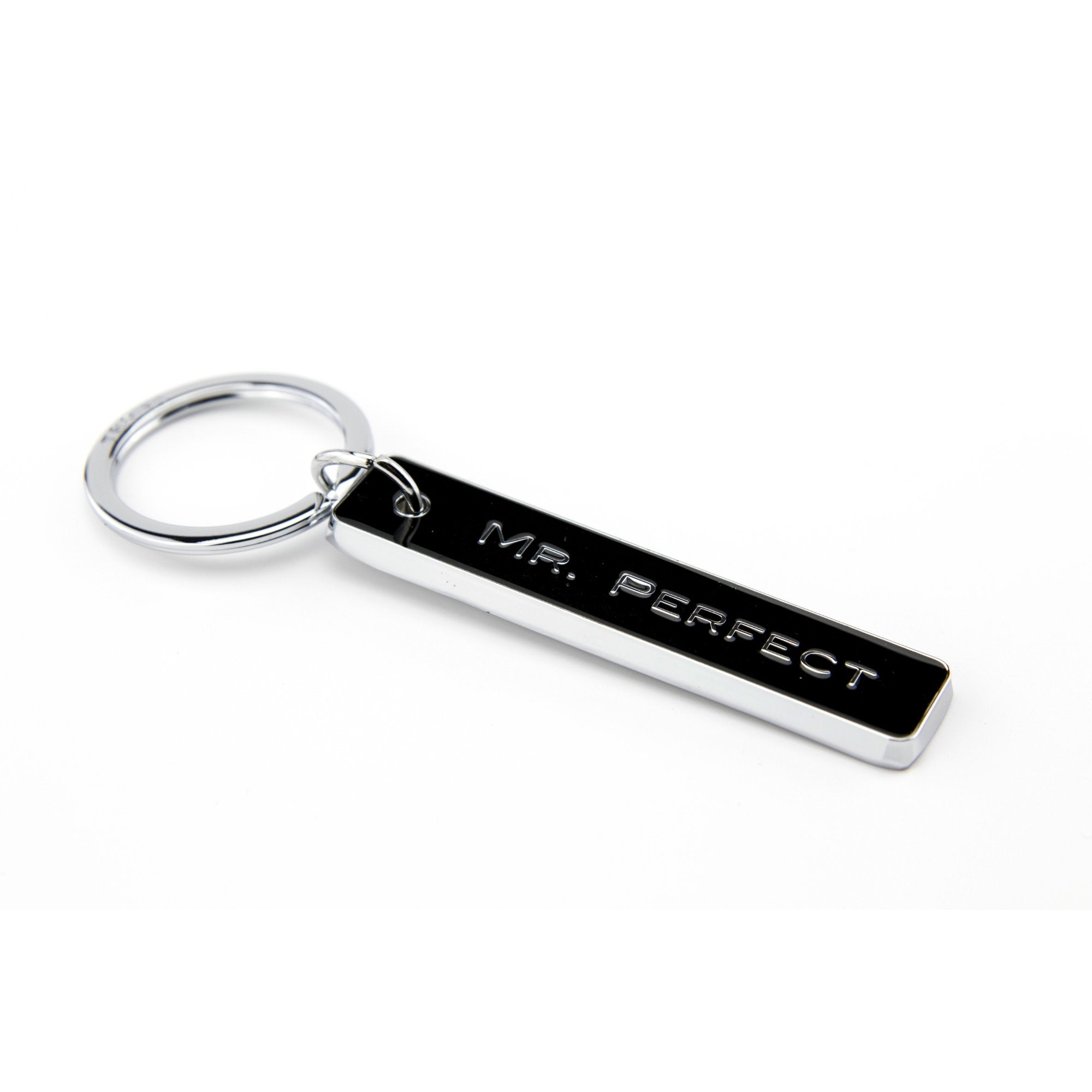 Mr. Perfect black enamel bar keychain with chrome split ring