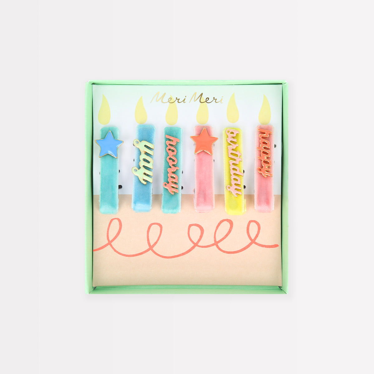 Happy Birthday enamel hair clip set in pastel candles and star designs, shown in box