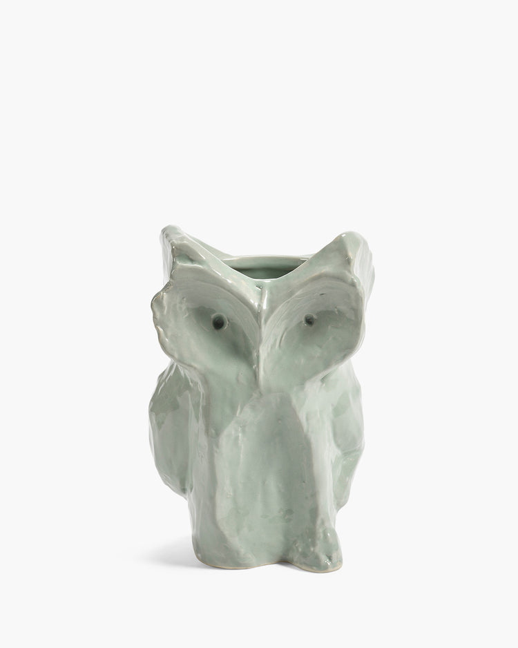 Glazed light gray owl vase with sculpted wings and hollow top opening