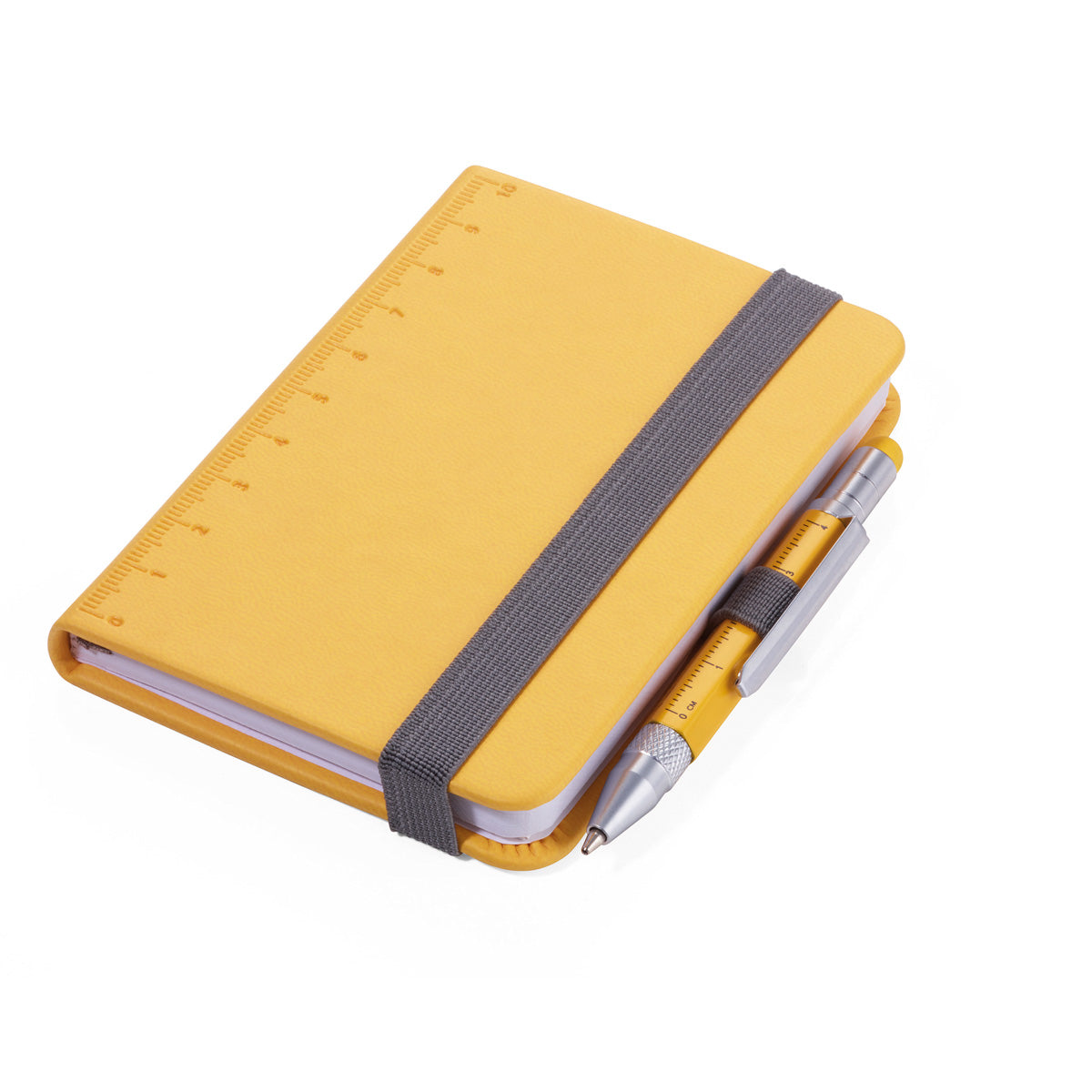 Yellow mini notebook with pen, elastic strap, ruler markings on cover