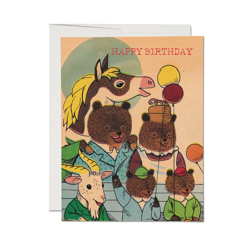 Greeting card with cartoon dog and mice, "Happy Birthday" text