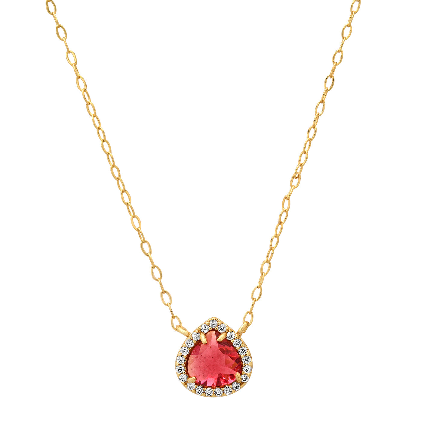 Gold tone chain necklace with round halo pear-cut red gemstone pendant