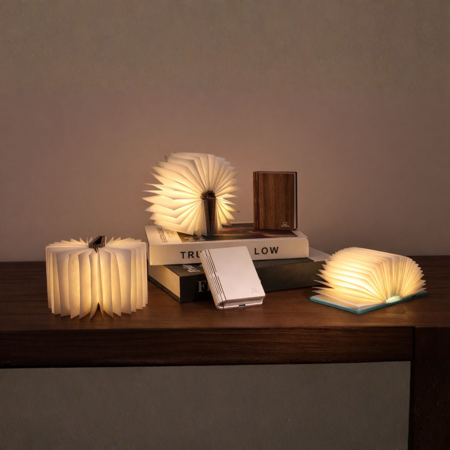 Smart book light with dark wood base and folded book-style light